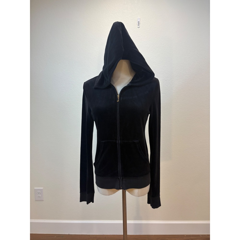 Vintage Y2K Juicy Couture Hoodie Women M Black Velour Zip Up J Pull athleisure‎